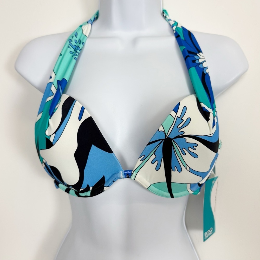 Coco Contour Bikini Top Womens 10 34C Blue Patterned Bra Sized Swimwear NWT